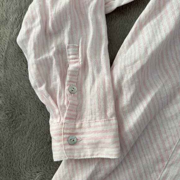 J. Jill Love Linen Pink White Striped Button Down Shirt MEDIUM Long Sleeve Tunic - Picture 2 of 6